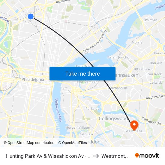 Hunting Park Av & Wissahickon Av - FS to Westmont, NJ map