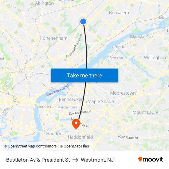 Bustleton Av & President St to Westmont, NJ map