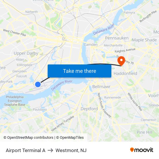 Airport Terminal A to Westmont, NJ map
