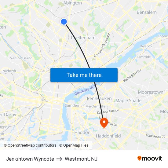 Jenkintown Wyncote to Westmont, NJ map