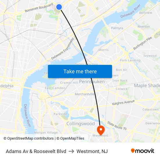 Adams Av & Roosevelt Blvd to Westmont, NJ map