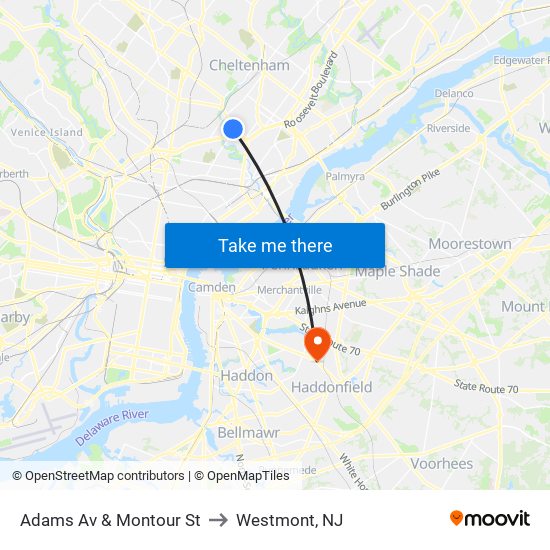 Adams Av & Montour St to Westmont, NJ map