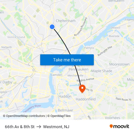 66th Av & 8th St to Westmont, NJ map