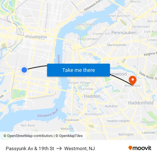 Passyunk Av & 19th St to Westmont, NJ map
