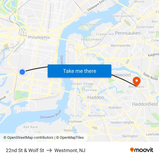 22nd St & Wolf St to Westmont, NJ map