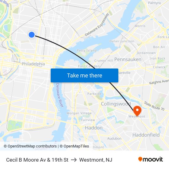 Cecil B Moore Av & 19th St to Westmont, NJ map