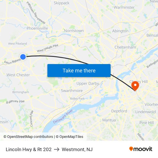 Lincoln Hwy & Rt 202 to Westmont, NJ map