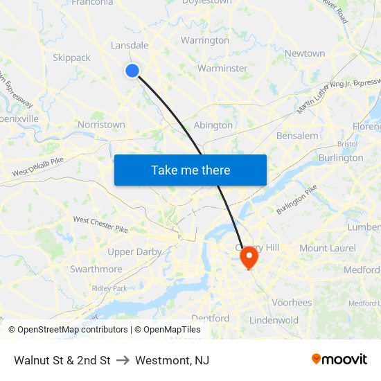 Walnut St & 2nd St to Westmont, NJ map