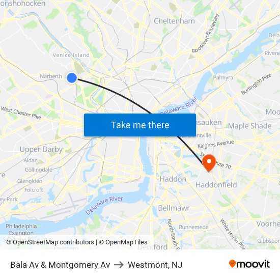 Bala Av & Montgomery Av to Westmont, NJ map