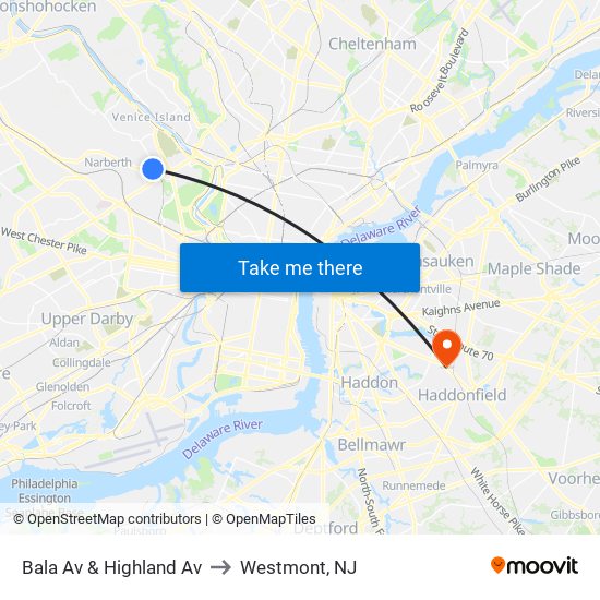 Bala Av & Highland Av to Westmont, NJ map