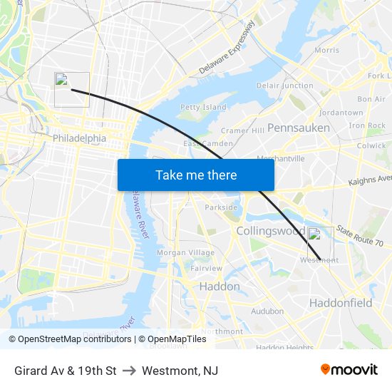 Girard Av & 19th St to Westmont, NJ map