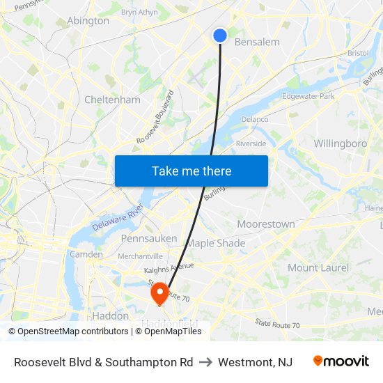 Roosevelt Blvd & Southampton Rd to Westmont, NJ map