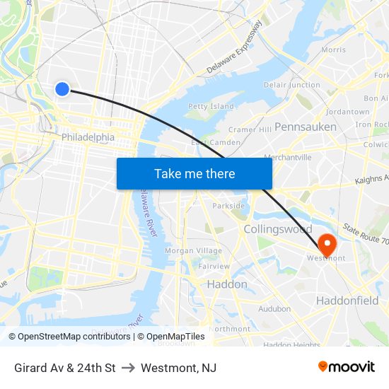 Girard Av & 24th St to Westmont, NJ map