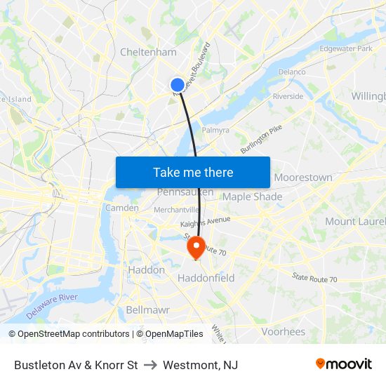 Bustleton Av & Knorr St to Westmont, NJ map
