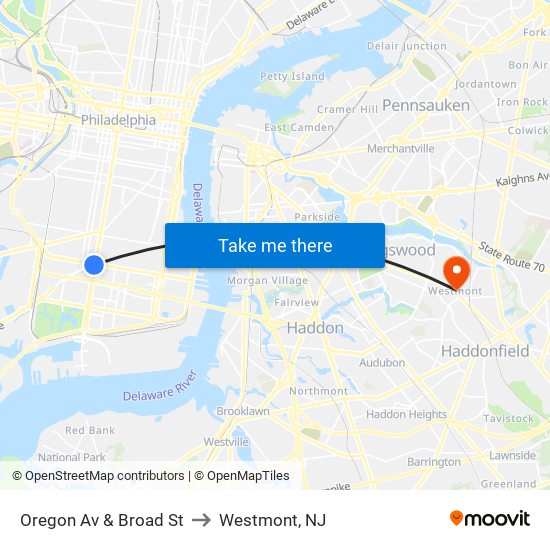 Oregon Av & Broad St to Westmont, NJ map