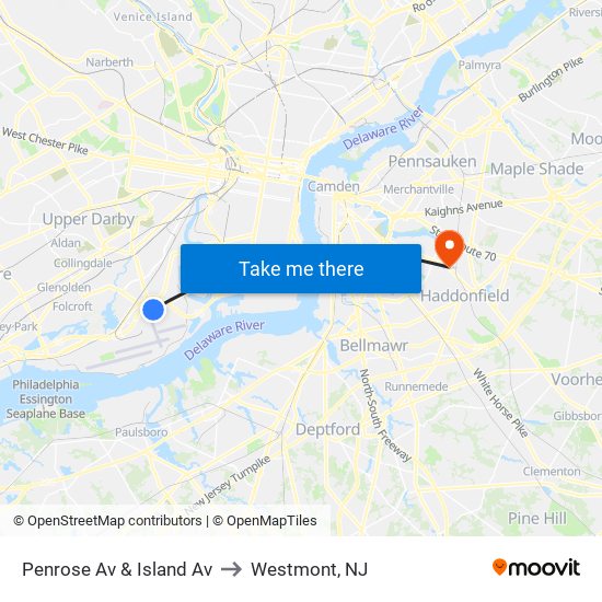 Penrose Av & Island Av to Westmont, NJ map