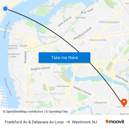 Frankford Av & Delaware Av Loop to Westmont, NJ map