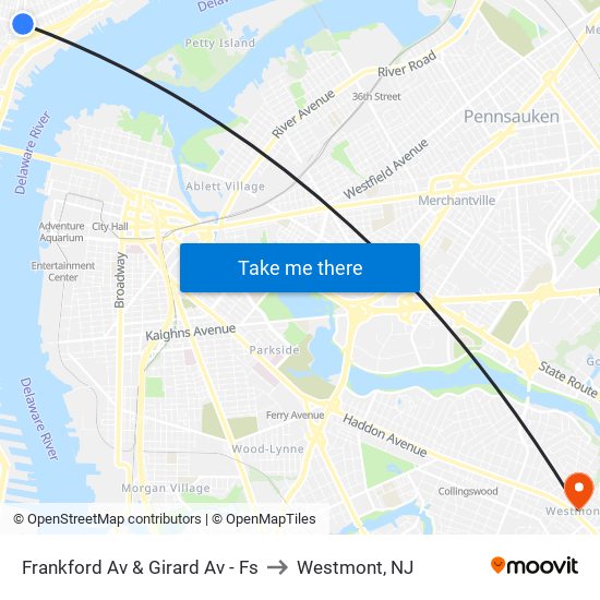 Frankford Av & Girard Av - Fs to Westmont, NJ map