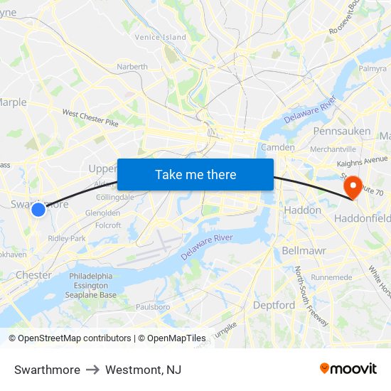 Swarthmore to Westmont, NJ map