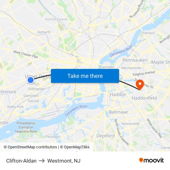 Clifton-Aldan to Westmont, NJ map