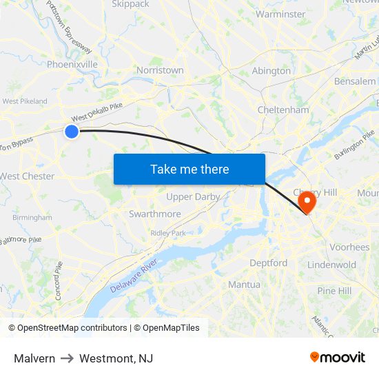 Malvern to Westmont, NJ map