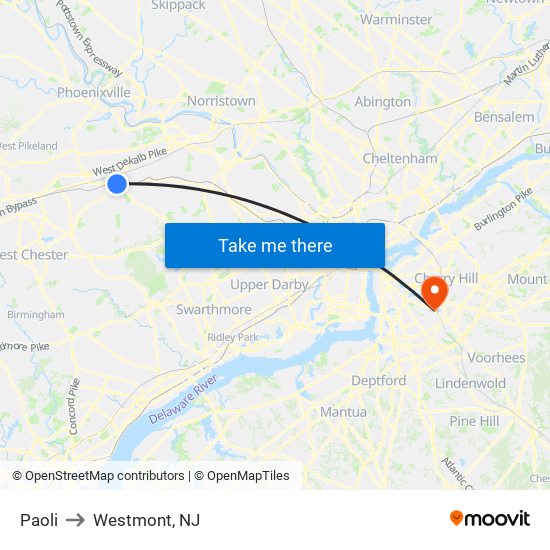Paoli to Westmont, NJ map