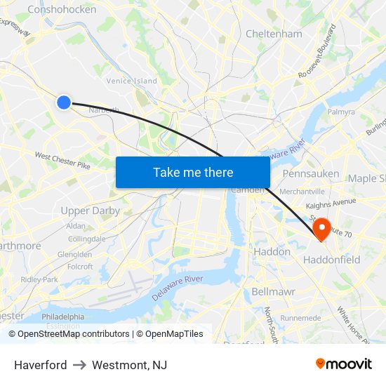 Haverford to Westmont, NJ map