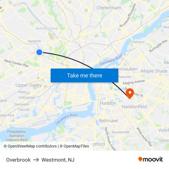 Overbrook to Westmont, NJ map