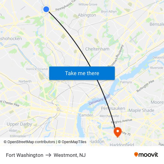 Fort Washington to Westmont, NJ map
