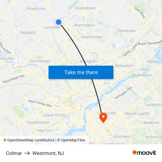 Colmar to Westmont, NJ map