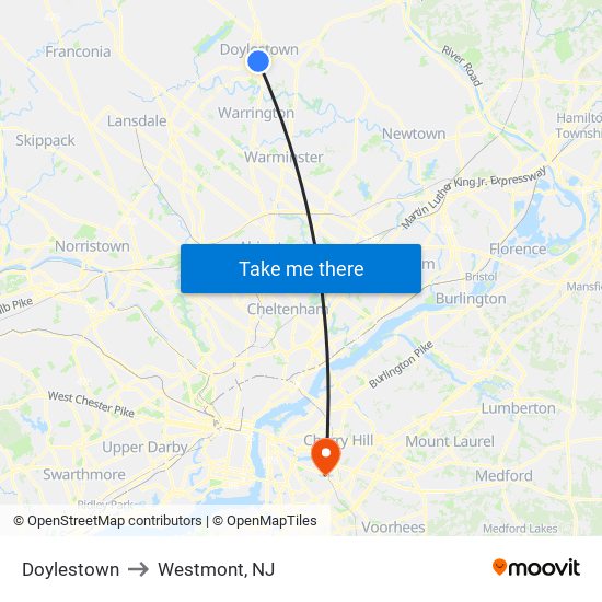 Doylestown to Westmont, NJ map