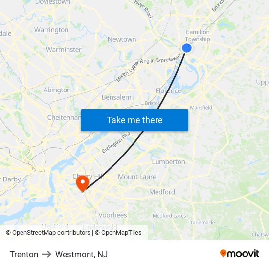 Trenton to Westmont, NJ map