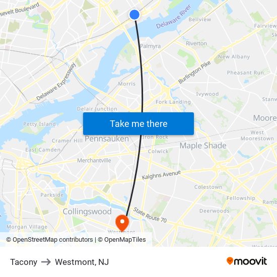 Tacony to Westmont, NJ map