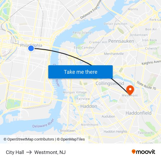 City Hall to Westmont, NJ map