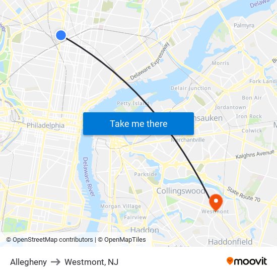 Allegheny to Westmont, NJ map