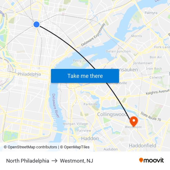 North Philadelphia to Westmont, NJ map