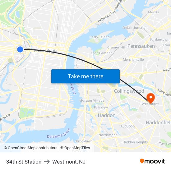 34th St Station to Westmont, NJ map