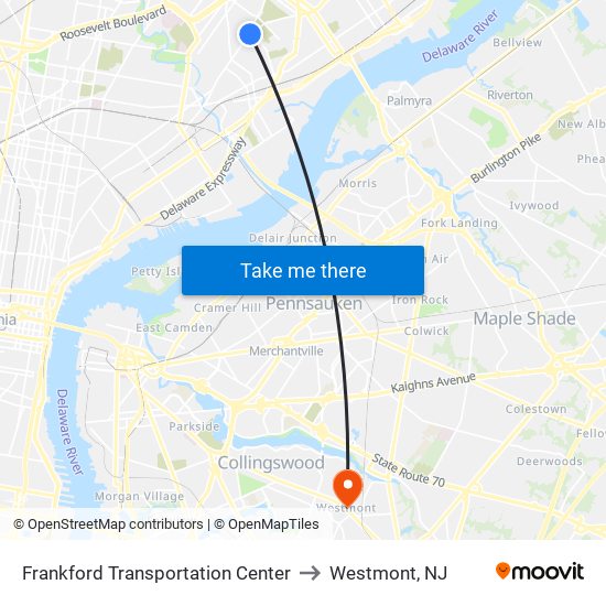 Frankford Transportation Center to Westmont, NJ map