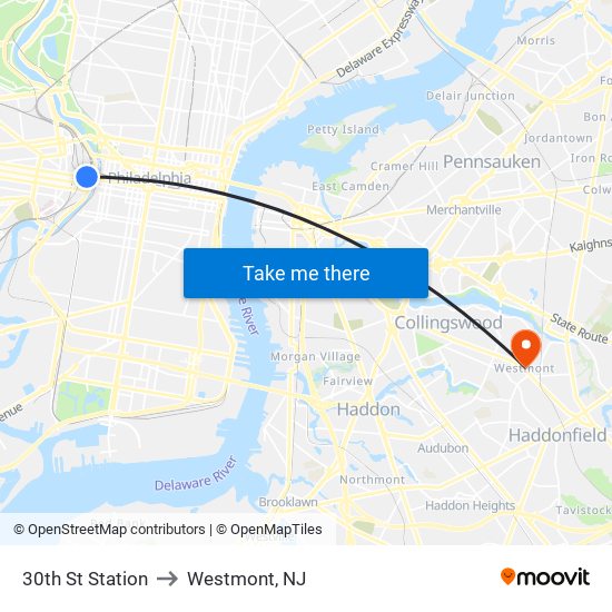 30th St Station to Westmont, NJ map