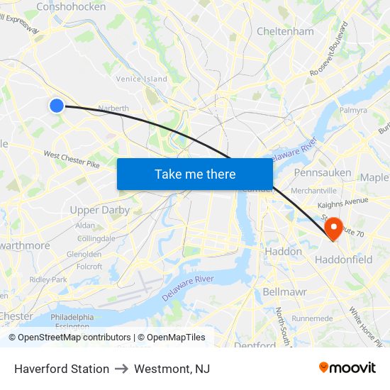 Haverford Station to Westmont, NJ map