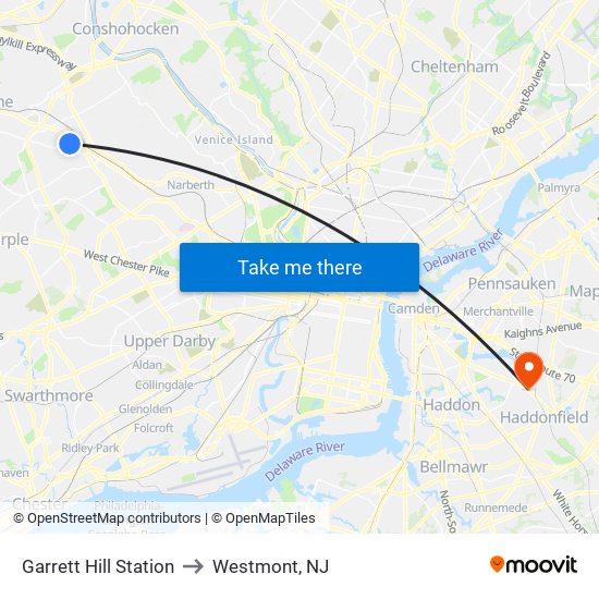 Garrett Hill Station to Westmont, NJ map