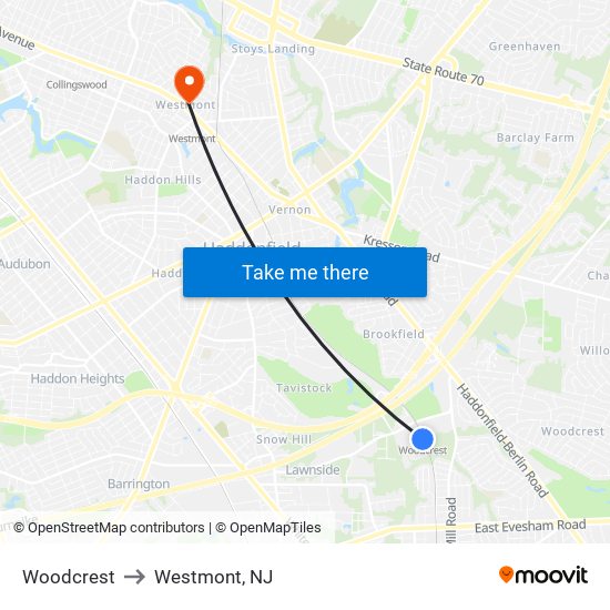 Woodcrest to Westmont, NJ map