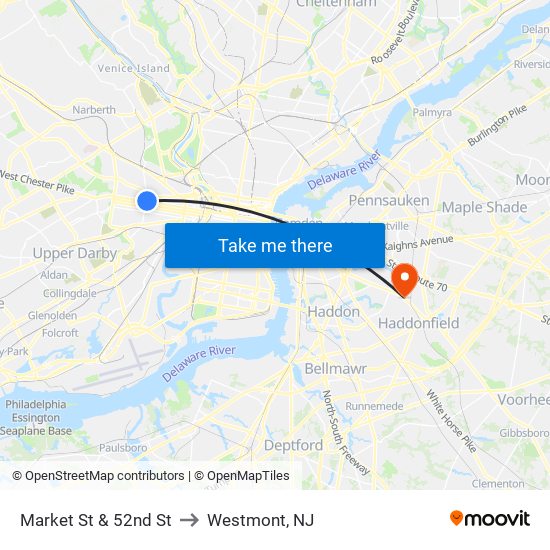 Market St & 52nd St to Westmont, NJ map