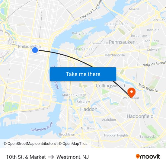 10th St. & Market to Westmont, NJ map