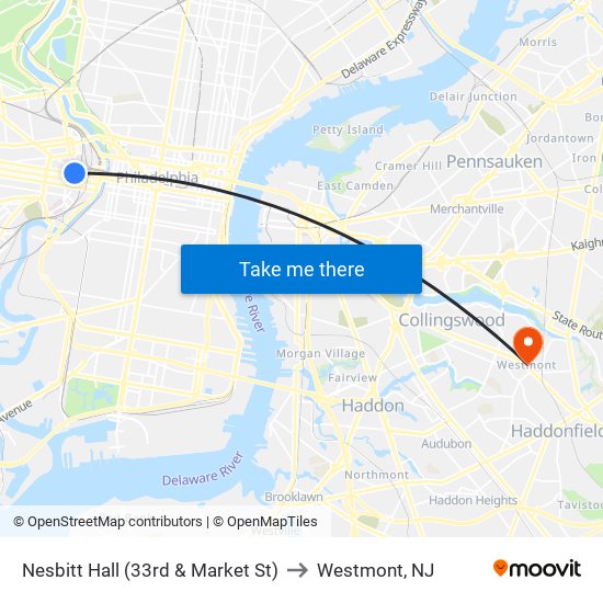 Nesbitt Hall (33rd & Market St) to Westmont, NJ map