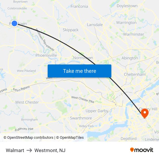 Walmart to Westmont, NJ map