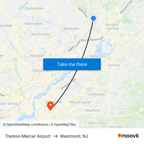 Trenton-Mercer Airport to Westmont, NJ map