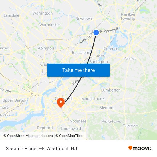 Sesame Place to Westmont, NJ map