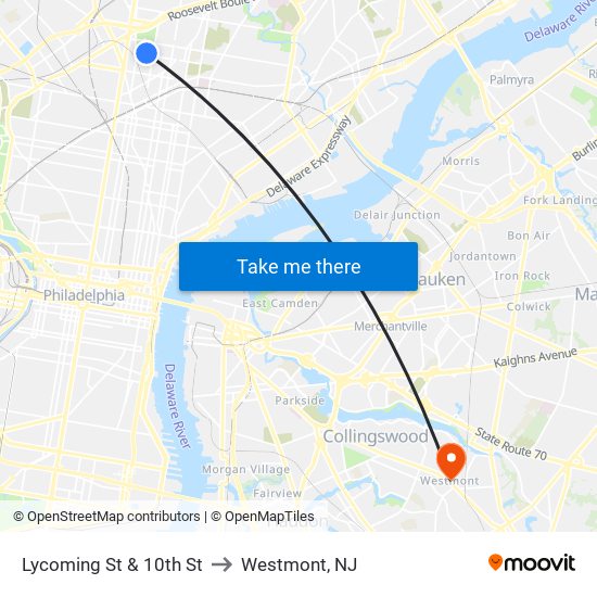 Lycoming St & 10th St to Westmont, NJ map
