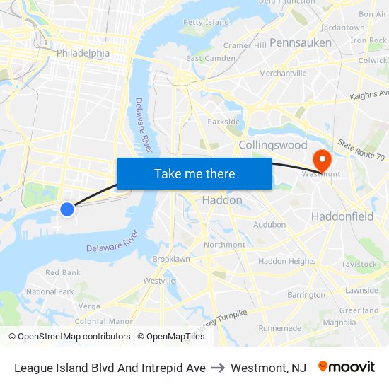 League Island Blvd And Intrepid Ave to Westmont, NJ map